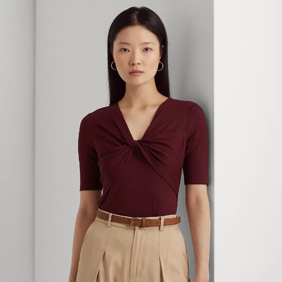 LAUREN Ralph Lauren Twist-Front Rib-Knit Cotton-blend Tee Vintage Burgundy L NWT - Picture 1 of 3